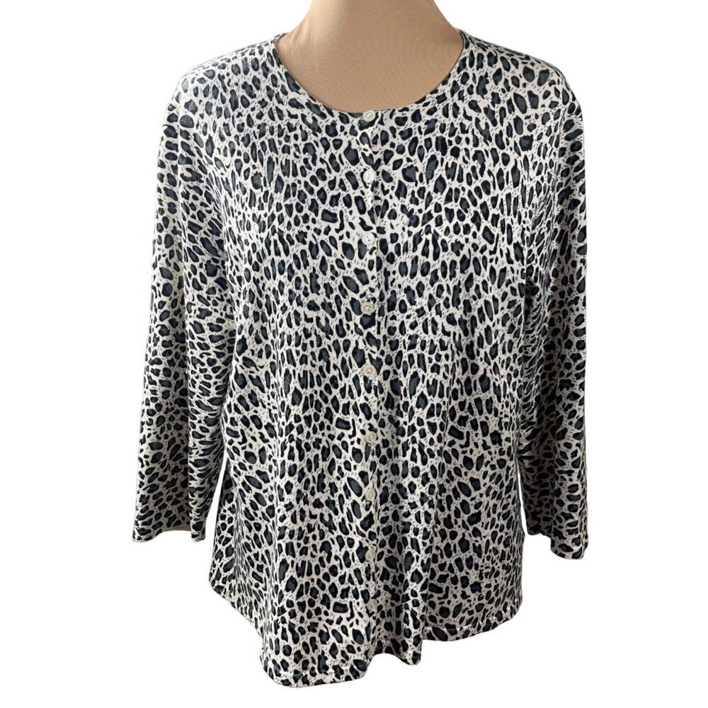 White Stag Women's Cardigan Sweater Black White Gray Button Front Size L 12/14